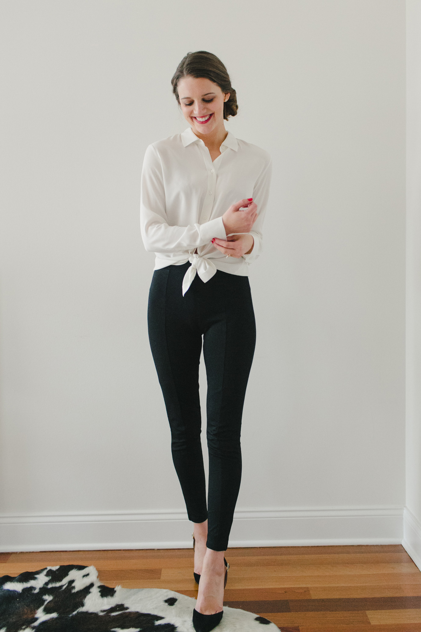 Pumps with a silk blouse and ponte pants