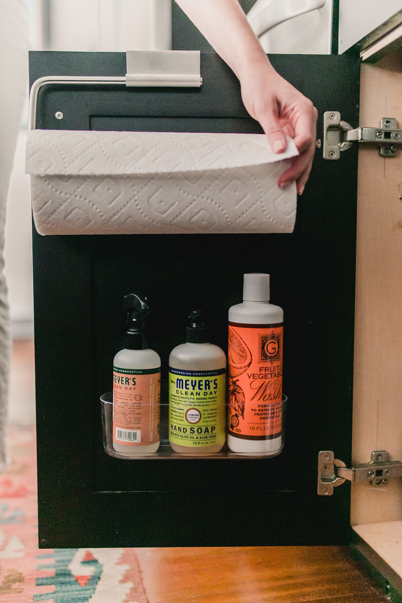 under the sink storage for paper towels and soaps