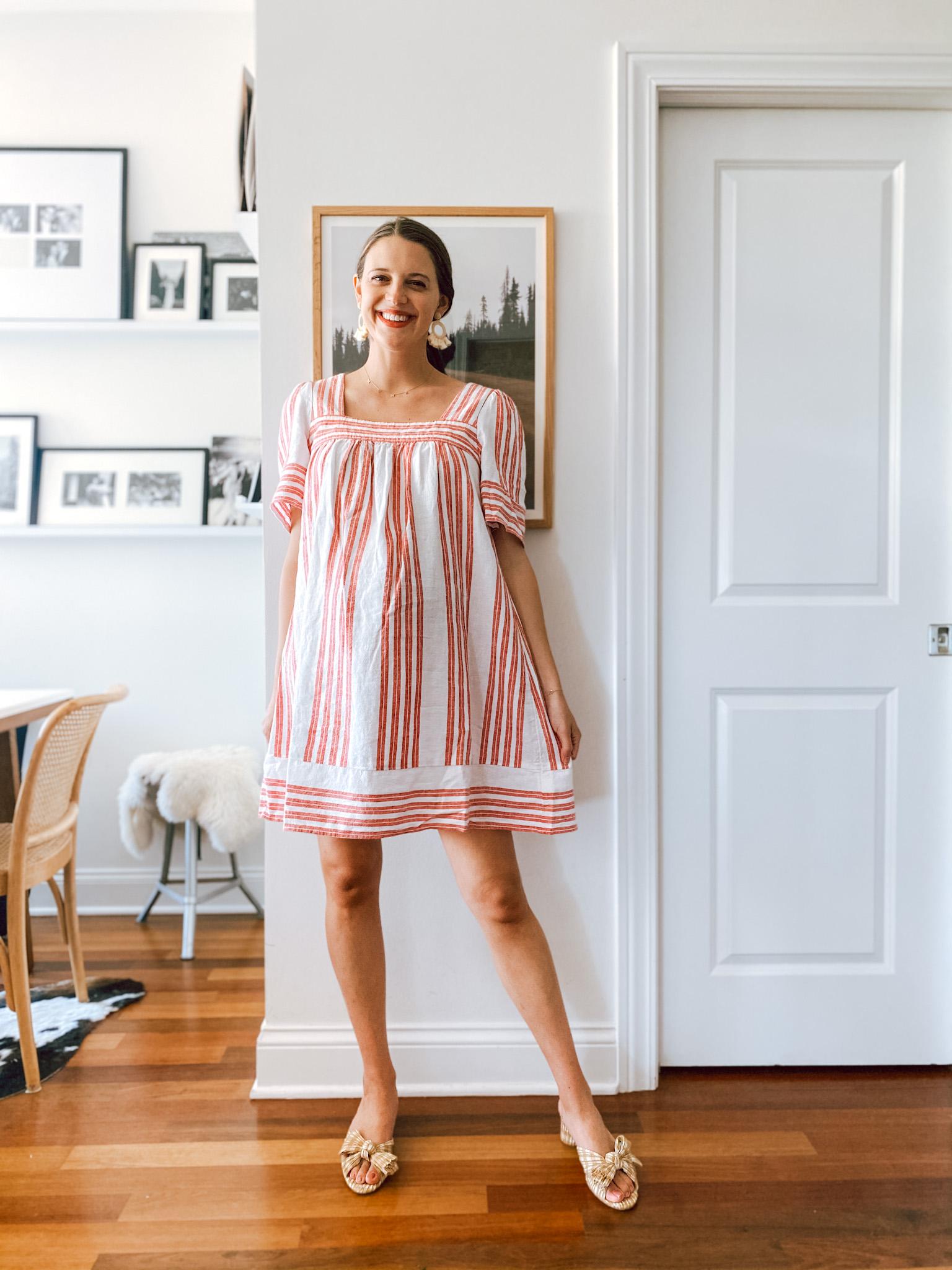 striped shift dress and heels