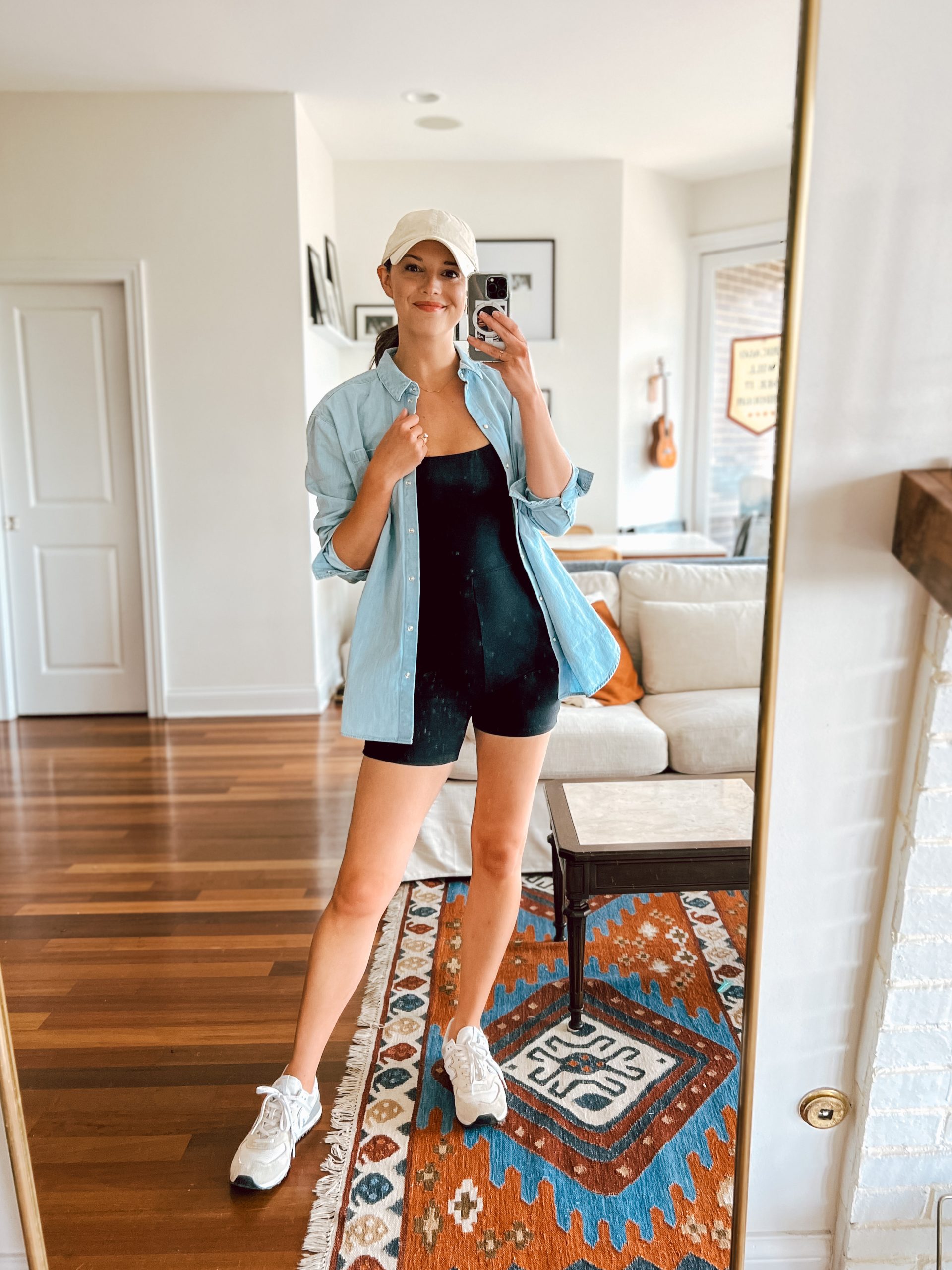 denim shirt with athleisure