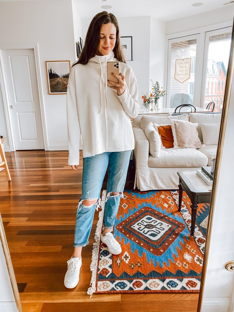 White Sweatshirt & Ripped Denim Jeans