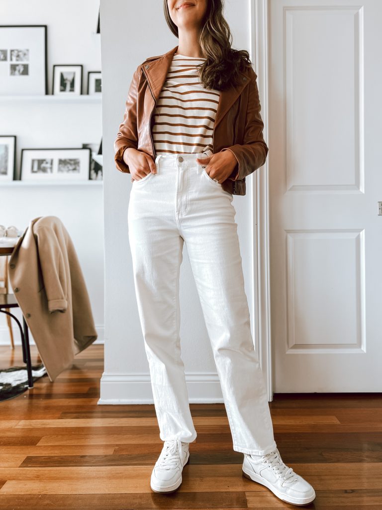 brown leather jacket spring outfit