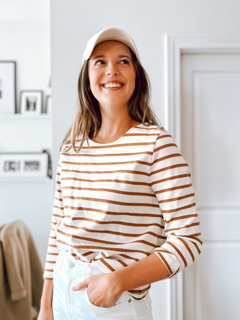 striped long sleeve top with white jeans