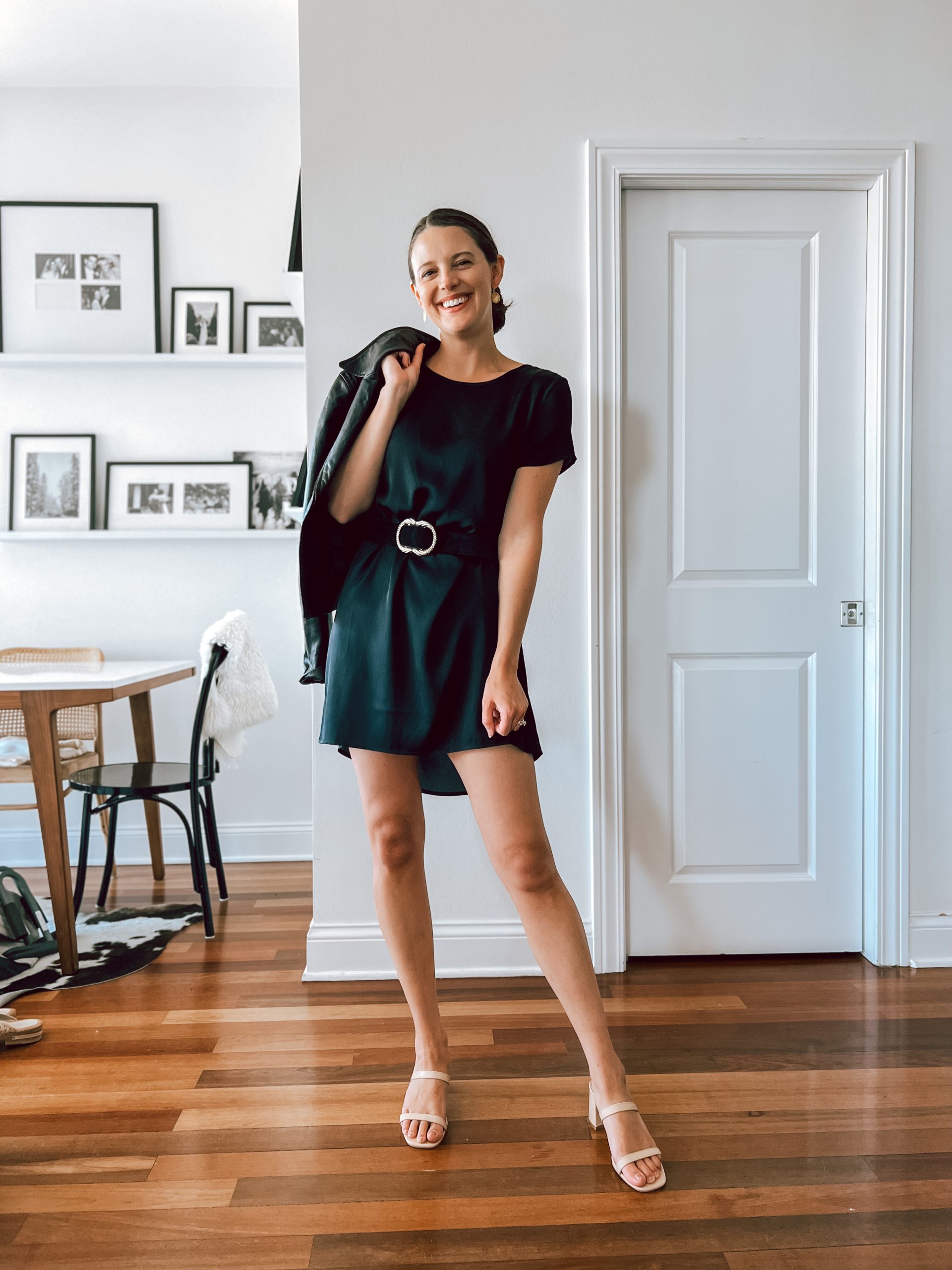 Quince shirt dress and white heels