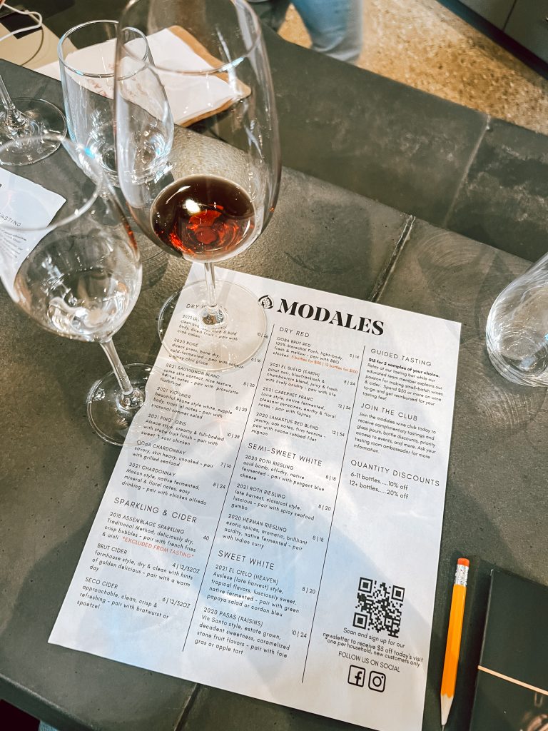 Modales winery menu