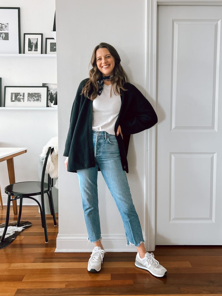 Black cardigan outfit with a casual white tee and neck scarf. Quince cashmere boyfriend cardigan review