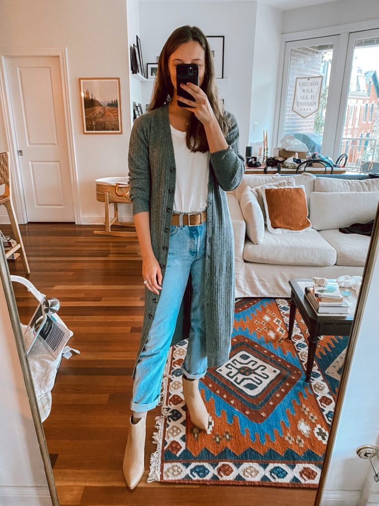 long cardigan with jeans