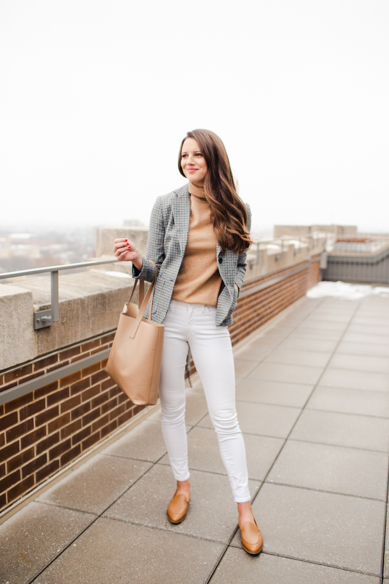 Winter white jeans outfit #2: Polished loafers + tweed blazer 