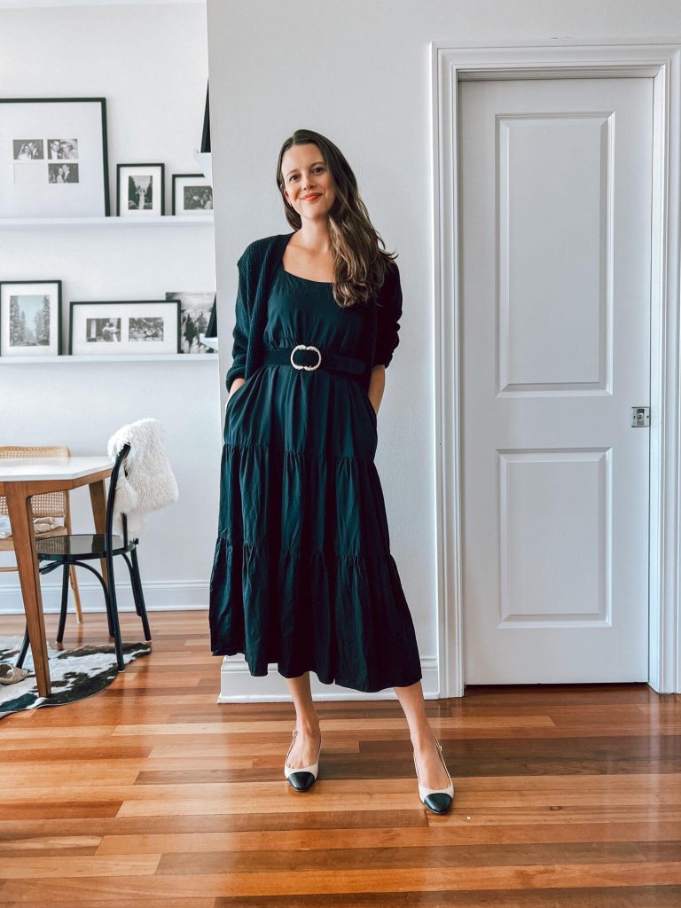 Black cardigan outfits: try a maxi dress with a belt to define the waist