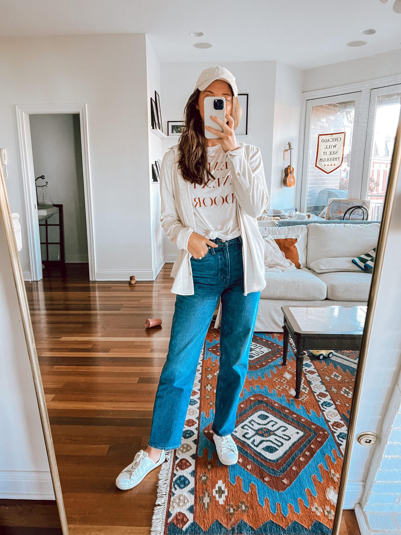 graphic tee and sweatshirt with jeans