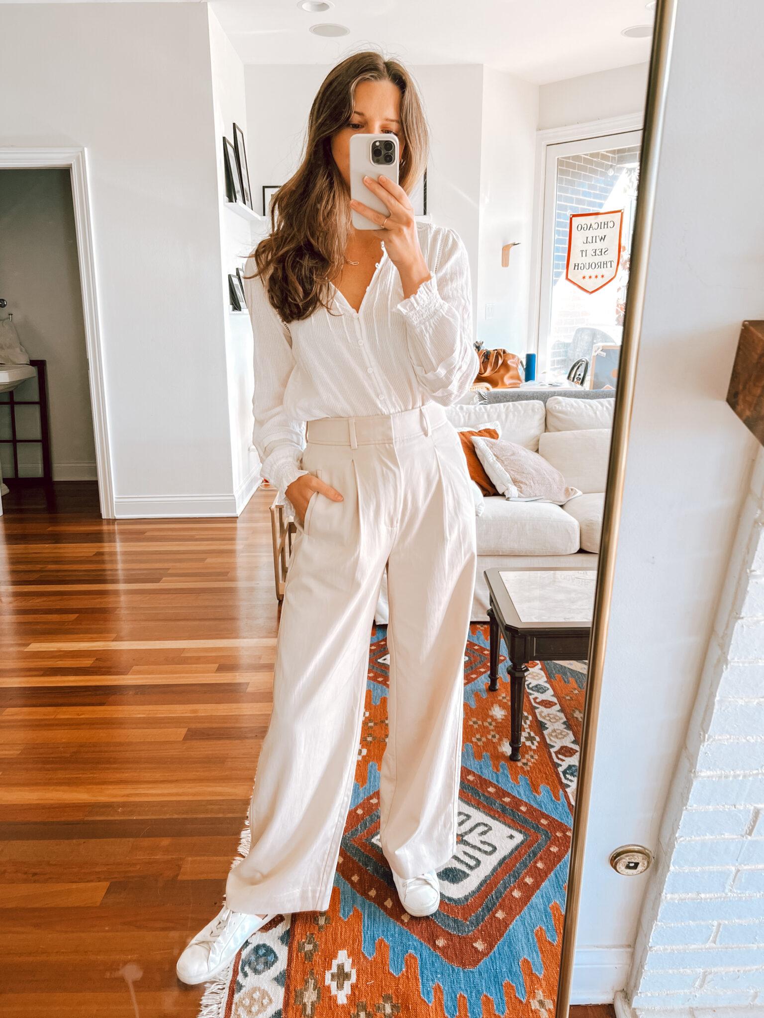 neutral trousers and blouse outfit